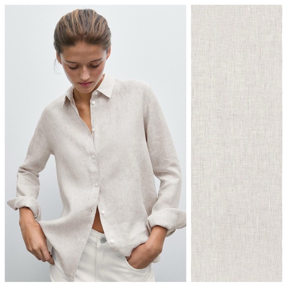 NWT. Massimo Dutti Beige Shirt 100% Linen Pinstriped Flowing Shirt. Size 6. - Picture 2 of 12